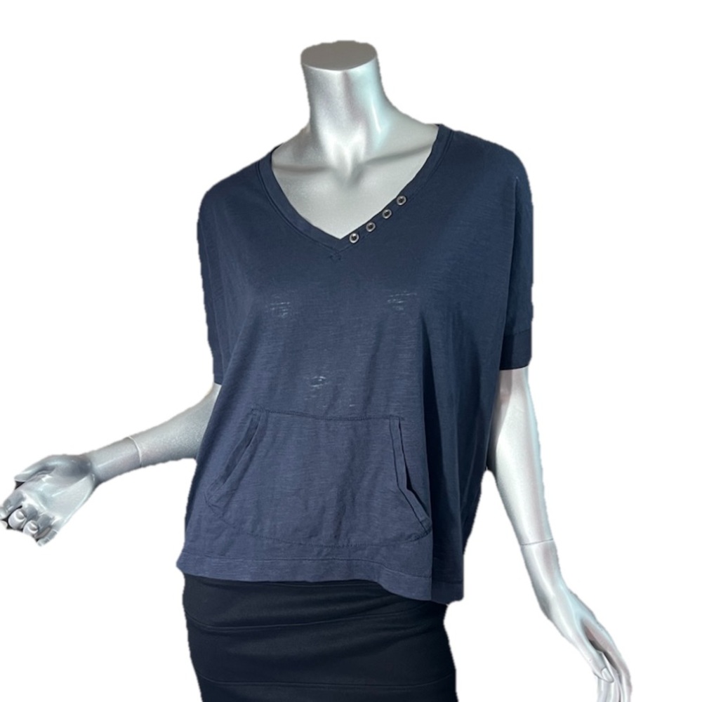 Oversized Small Navy Blue Pocket Tee Button Detail Thin Boxy Top by DINA BE